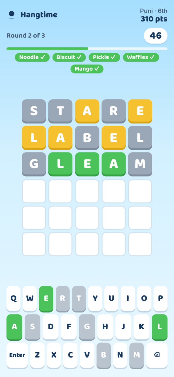 A phone with a Wordle-style grid of colored guesses and an on-screen keyboard