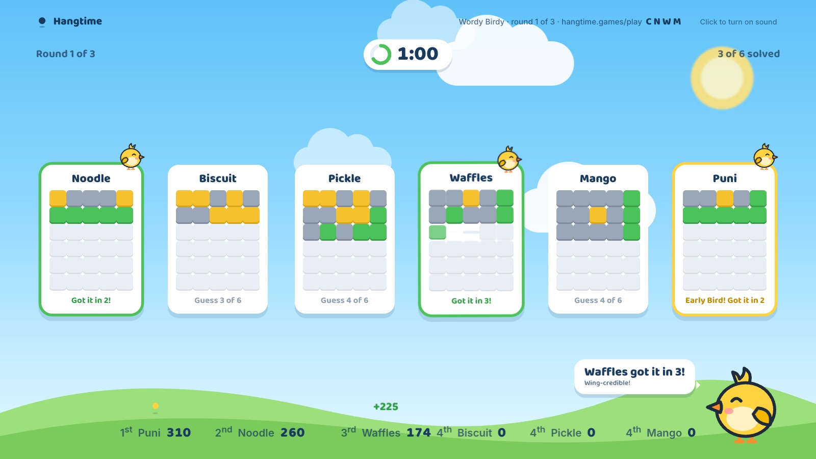 Hang Five on the TV: four players' grids of green, yellow and gray tiles with no letters showing, a countdown clock, and Birdy cheering a solve