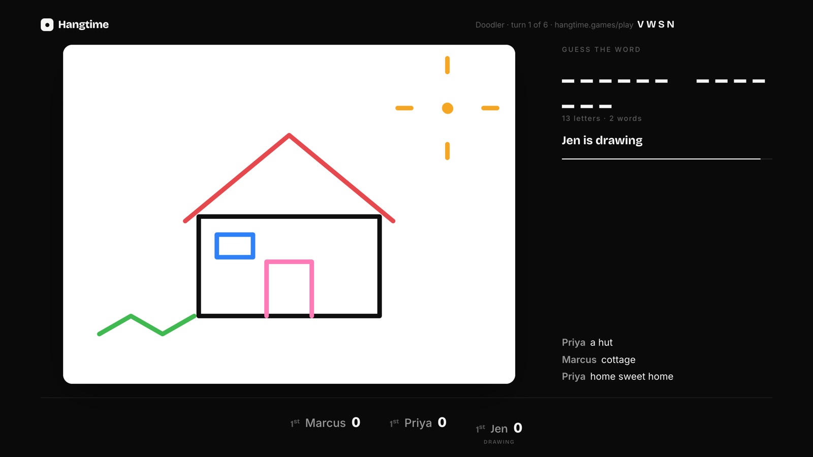 Doodler on the TV: a drawing of a house with the word as blanks and players' guesses beside it