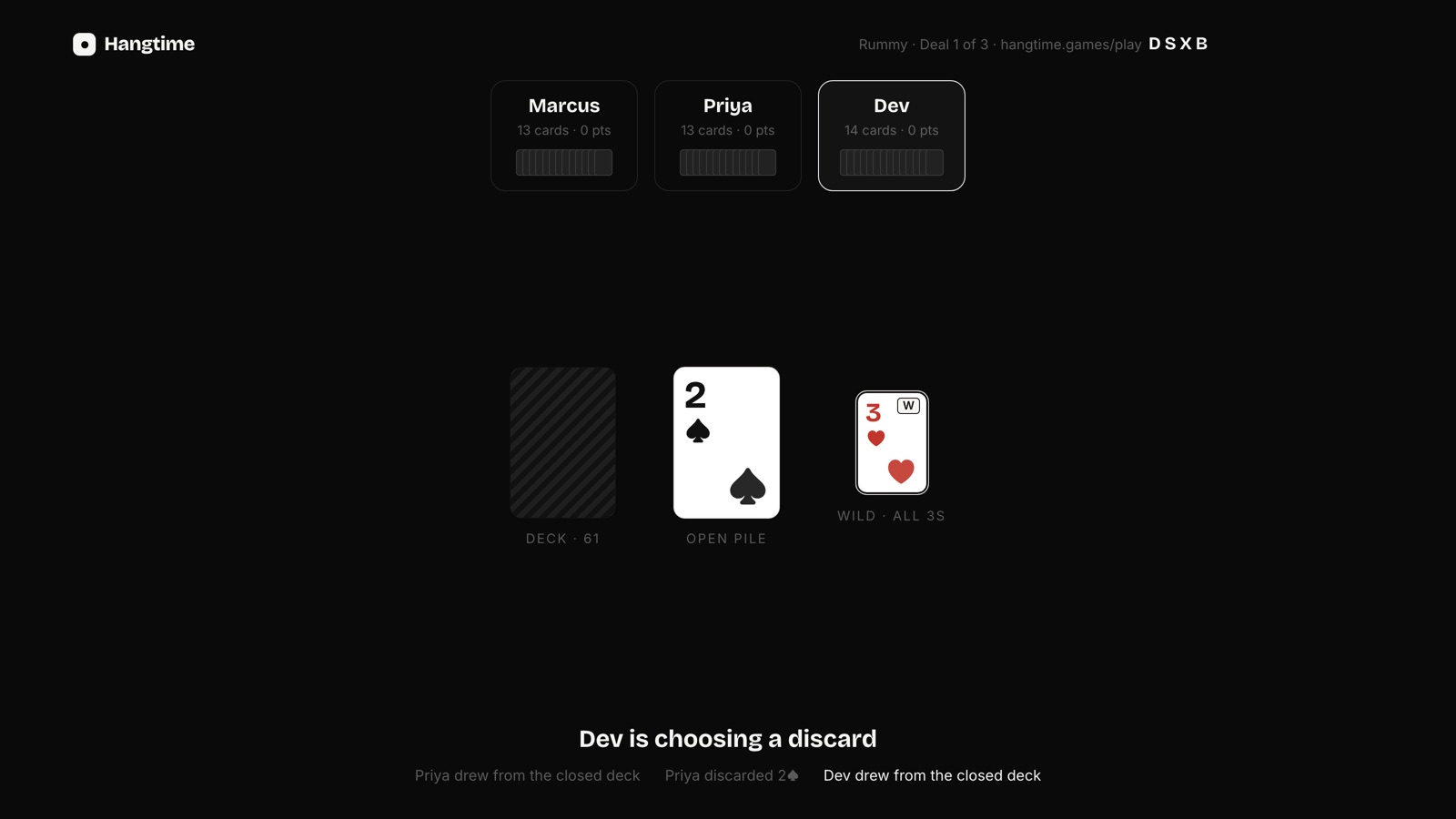Rummy on the TV: the deck, open pile, wild card and each player's seat